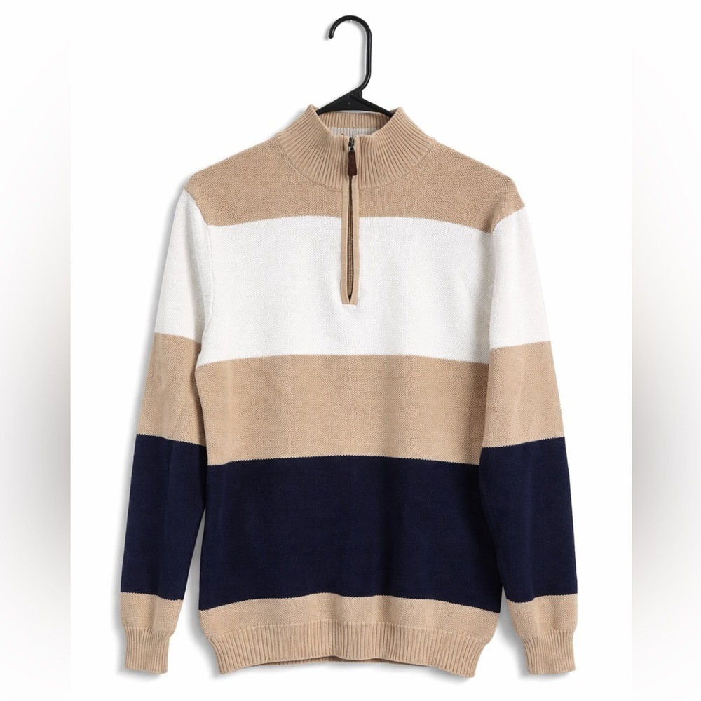 Club Room Quarter Zip Sweater Women’s Large Striped 100% Cotton Pullover
